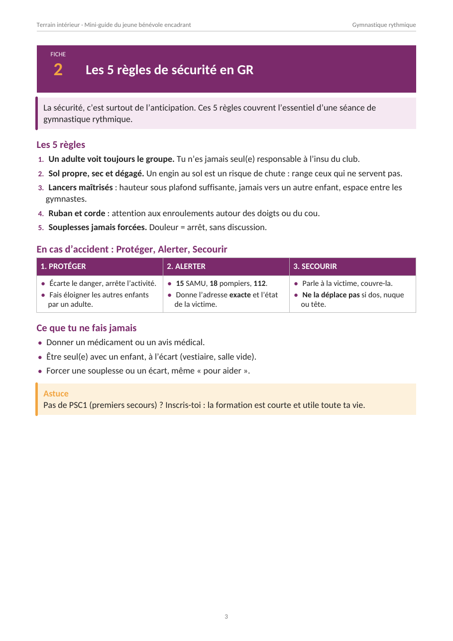 Aperçu d’une page du mini-guide : les 5 règles de sécurité en gymnastique rythmique